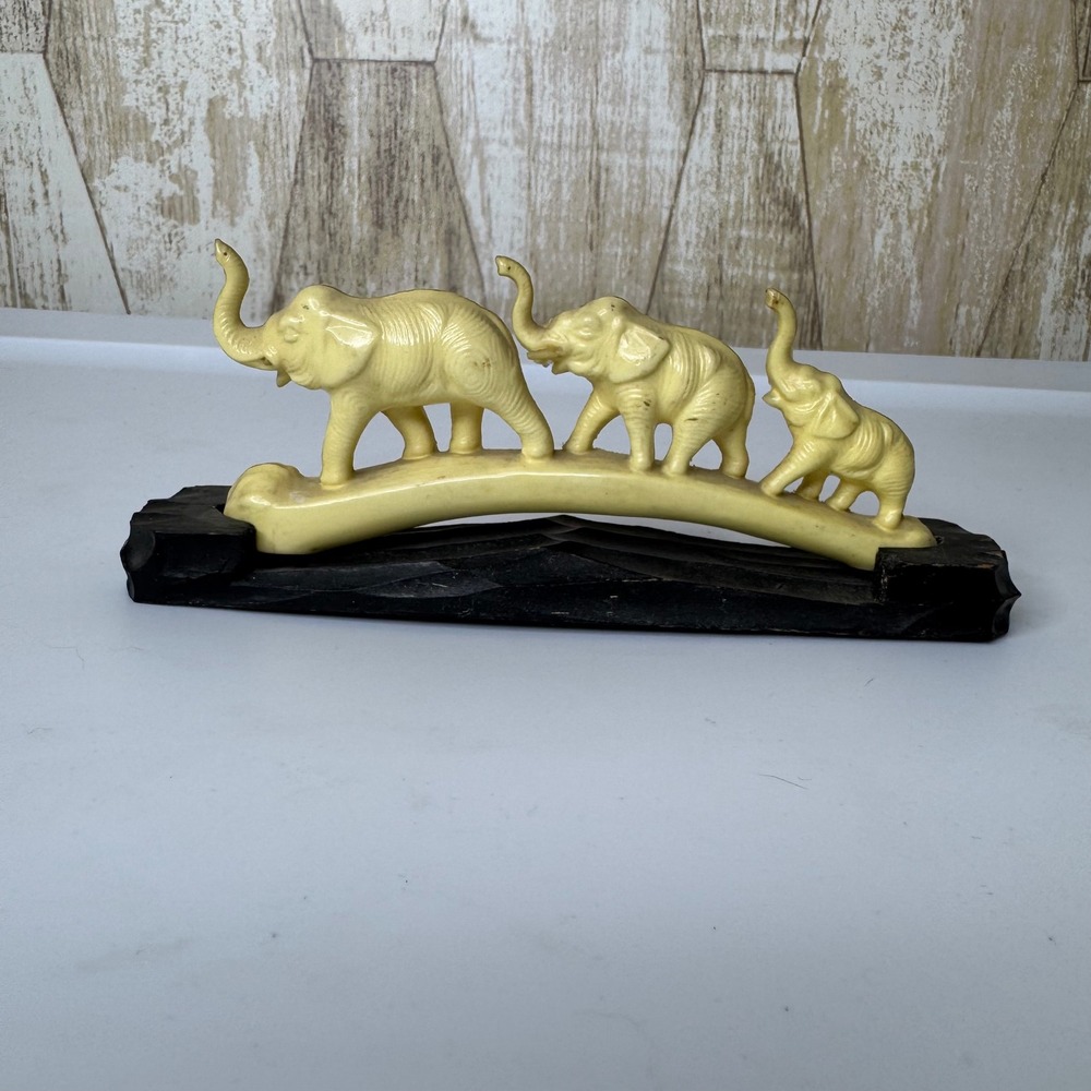 Vintage Elephant Bridge Family Plastic Sculpture on‎ Wood Base Figurine Train